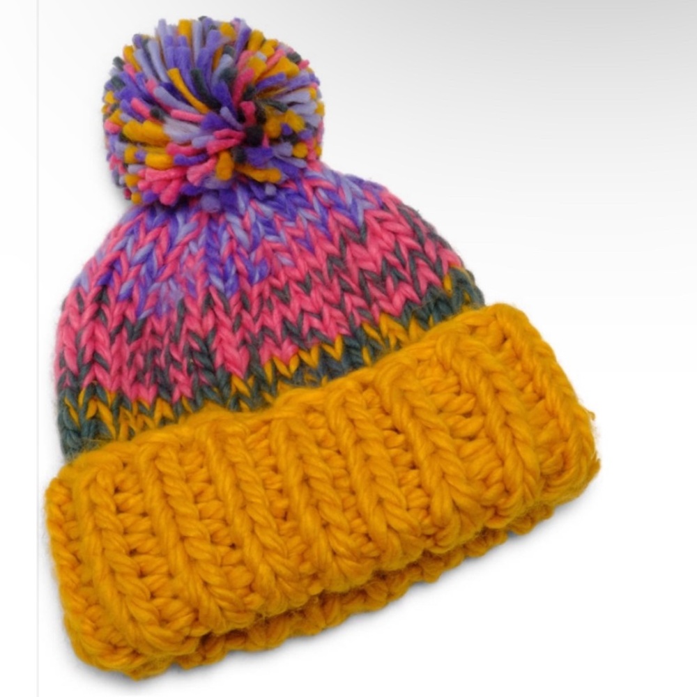 Free People Multicolor Pom-Pom Knit Beanie - Yellow Cuff, Pink & Purple Body